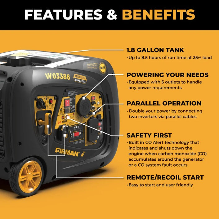Firman W03386 3300W Remote Start Inverter Generator