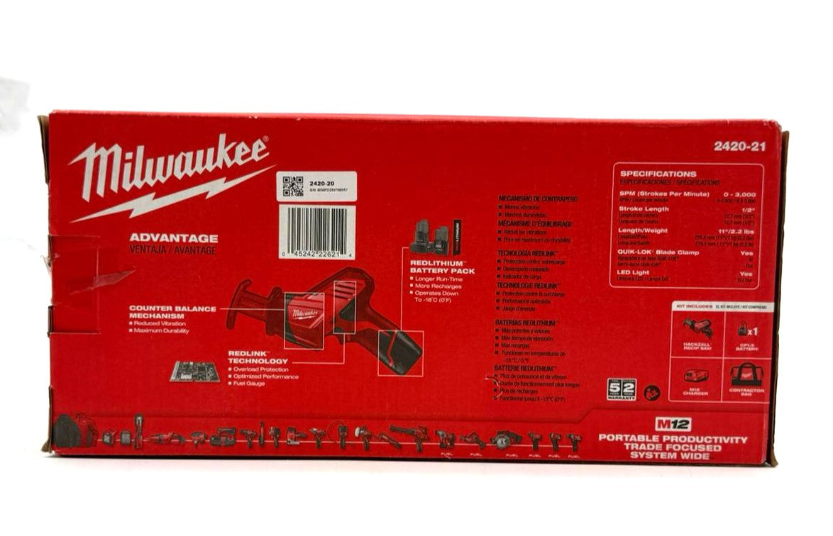 Milwaukee 2420-21 M12 HACKZALL Cordless Reciprocating Saw Kit