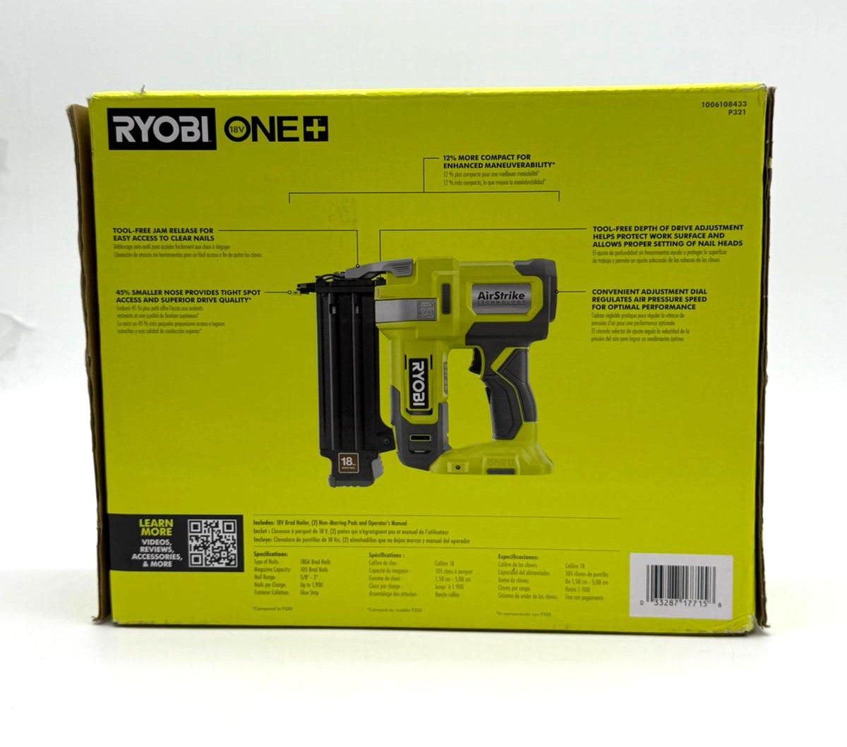 RYOBI P321 18V ONE+ Airstrike 18-Gauge Cordless Brad Nailer
